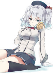 Rule 34 | 10s, :t, arm support, black legwear, breasts, epaulettes, frilled sleeves, frills, gloves, grey eyes, hair between eyes, jacket, kantai collection, kashima (kancolle), kerchief, looking at viewer, military, military uniform, minari (haib), miniskirt, pleated skirt, pout, sidelocks, silver hair, sitting, skirt, solo, tsurime, twintails, uniform, wavy hair, white gloves