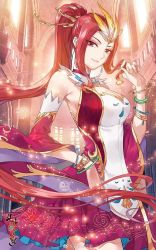 Rule 34 | 1girl, bad link, bracelet, cao ying (doupo cangqiong), cleavage cutout, clothing cutout, doupo cangqiong, dress, earrings, hair ornament, hair tie, hand in own hair, highres, jewelry, long hair, official art, ponytail, red dress, red hair, ren xiang, scan, solo, third-party source, upper body