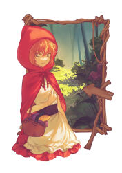 Rule 34 | 1girl, absurdres, apron, basket, belt, bottle, bread, brown belt, cape, cosplay, cropped legs, dress, food, haibara ai, highres, hood, hood up, hooded cape, little red riding hood, little red riding hood (grimm), little red riding hood (grimm) (cosplay), looking at viewer, meitantei conan, okuseric, portrait (object), red cape, red dress, short hair, smile, solo, white apron, wine bottle