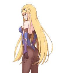 Rule 34 | 1girl, ass, black gloves, black pantyhose, blonde hair, blush, breasts, chest jewel, chirun0, earrings, genshin impact, gloves, hair ornament, jewelry, large breasts, leotard, long hair, mona (genshin impact), mythra (xenoblade), pantyhose, simple background, smile, solo, swept bangs, very long hair, xenoblade chronicles (series), xenoblade chronicles 2, yellow eyes