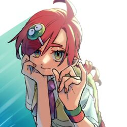 Rule 34 | 1girl, 4lily, ahoge, andou ringo, character hair ornament, closed mouth, drill hair, eyes visible through hair, green eyes, hair ornament, hairclip, long hair, looking at viewer, nail polish, pinky out, puyopuyo, puyopuyo 7, red hair, red nails, smile, solo, sweater vest, wristband