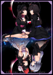 Rule 34 | 2girls, bemani, black background, black dress, black hair, black legwear, blue eyes, blunt bangs, border, breasts, choker, cleavage, commentary request, detached sleeves, different reflection, dress, eclipse, english text, flower, frilled hat, frills, hat, high heels, holding, holding hands, holding knife, juliet sleeves, knife, long hair, long sleeves, looking at another, looking at viewer, maru (sw1tch), multiple girls, original, puffy sleeves, red eyes, reflection, ribbon, rose, see-through, side slit, silver hair, sitting, space, star (sky), text focus, thighhighs, veil, white dress