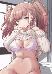 Rule 34 | 1girl, alternate costume, atlanta (kancolle), bra, breasts, brown hair, clothes lift, commentary request, earrings, fuji (pixiv24804665), grey eyes, highres, jewelry, kantai collection, large breasts, long hair, no panties, out-of-frame censoring, ribbed sweater, solo, star (symbol), star earrings, sweater, sweater lift, two side up, underwear, white bra, white sweater, window