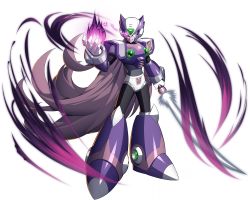 Rule 34 | 1boy, android, armor, armored boots, aura, bodysuit, boots, dark aura, energy sword, evil smile, fire, full body, gem, gloves, glowing, glowing eye, green eyes, hand up, helmet, highres, holding, holding sword, holding weapon, long hair, mega man (series), mega man x6, mega man x (series), mega man x dive, mizuno keisuke, official art, parted lips, ponytail, purple fire, robot, shoulder armor, smile, sword, transparent background, very long hair, weapon, zero (mega man)