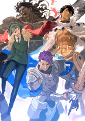 Rule 34 | 4boys, armor, arondight (fate), black hair, bob (biyonbiyon), cape, dark-skinned male, dark skin, fate/grand order, fate/prototype, fate/prototype: fragments of blue and silver, fate/stay night, fate/zero, fate (series), fur collar, green hair, heracles (fate), highres, lancelot (fate/grand order), male focus, multiple boys, ozymandias (fate), pectorals, purple hair, topless male, waver velvet, white armor, white background