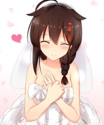 Rule 34 | 10s, 1girl, absurdres, ahoge, bare shoulders, blush, braid, brown hair, closed eyes, cuon (kuon), dress, gradient background, hair flaps, hair ornament, hair over shoulder, hands on own chest, heart, highres, jewelry, kantai collection, long hair, petals, pink background, ring, shigure (kancolle), shigure kai ni (kancolle), single braid, solo, upper body, veil, wedding band, wedding dress