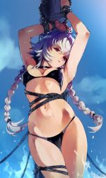Rule 34 | 1girl, arms up, bare arms, bikini, black bikini, blue sky, bound, braid, breasts, commentary, cowboy shot, day, english commentary, highres, indie virtual youtuber, looking at viewer, medium breasts, navel, optionaltypo, outdoors, red eyes, rope, saruei (vtuber), scar, scar across eye, scar on face, sky, solo, stomach, swimsuit, thigh gap, twin braids, virtual youtuber, water, white hair