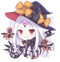 Rule 34 | 1girl, abigail williams (fate), abigail williams (third ascension) (fate), black bow, black hat, black panties, blush, bow, chibi, closed mouth, commentary request, fate/grand order, fate (series), full body, glowing, grey background, hat, hat bow, key, long hair, looking at viewer, orange bow, oversized object, pale skin, panties, parted bangs, print bow, red eyes, revealing clothes, smile, solo, star (symbol), star print, topless, two-tone background, underwear, v-shaped eyebrows, very long hair, white background, white hair, witch hat