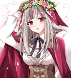 Rule 34 | 1girl, arm up, breasts, fire emblem, fire emblem fates, fire emblem heroes, gloves, head wreath, hood, kirishima riona, leather, looking at viewer, medium breasts, nintendo, open mouth, red eyes, ribbon, simple background, solo, upper body, velouria (fire emblem)