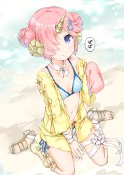 Rule 34 | 1girl, bandaged leg, bandages, beach, between legs, bikini, blue bikini, breasts, cardigan, collarbone, day, double bun, fate/grand order, fate (series), frankenstein&#039;s monster (fate), frankenstein&#039;s monster (swimsuit saber) (fate), frankenstein&#039;s monster (swimsuit saber) (first ascension) (fate), from above, hair bun, hair over one eye, hand between legs, hand up, hands in opposite sleeves, looking at viewer, open cardigan, open clothes, outdoors, parted lips, pink hair, purple eyes, sandals, short hair, sitting, small breasts, solo, speech bubble, swimsuit, tareme, wariza, wataame27