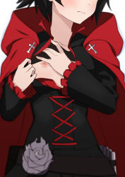 Rule 34 | 1girl, belt, black hair, blush, breasts, cape, corset, cross, female focus, flower, head out of frame, highres, hood, morisobo, nipples, one breast out, ruby rose, rwby, small breasts, solo