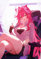 Rule 34 | 1girl, absurdres, black gloves, black shorts, blurry, blurry background, blush, breasts, chair, cleavage, crossed legs, gaming chair, gloves, hair between eyes, hashtag-only commentary, highres, holding, holding pen, holding stylus, hololive, hololive english, jiang ye kiri, large breasts, long hair, looking at viewer, multicolored hair, on chair, open mouth, orange eyes, panther ears, panther girl, partially fingerless gloves, partially unbuttoned, pen, pink hair, raora panthera, shirt, shorts, single glove, smile, solo, streaked hair, stylus, swivel chair, thigh strap, thighs, white hair, white shirt