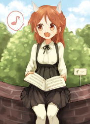 Rule 34 | 1girl, :d, aged down, animal ears, bad id, bad pixiv id, blue sky, book, cloud, day, dress, holding, holding book, kodamari, long hair, matching hair/eyes, minna-dietlinde wilcke, musical note, open mouth, orange eyes, orange hair, quaver, ribbon, sheet music, sitting, sky, smile, solo, spoken musical note, staff (music), strike witches, wolf ears, world witches series