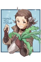 Rule 34 | 1girl, absurdres, ahoge, black choker, blue background, border, brown eyes, brown hair, brown jacket, choker, clenched hand, collar, commission, cropped torso, eyelashes, fire emblem, fire emblem fates, flower, hair flower, hair ornament, highres, holding, holding plant, jacket, looking at viewer, misokatsuhaumai, mozu (fire emblem), nintendo, outside border, plant, potted plant, short hair, simple background, smile, solo, sparkle, teeth, thank you, white border, white flower