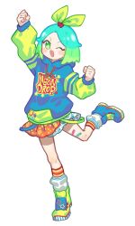 Rule 34 | 1girl, ;d, arm up, asymmetrical footwear, bandaid, bandaid on leg, blue footwear, blue hair, blue hoodie, bow, fang, fugota6509, full body, green eyes, green hair, hair bow, hand up, highres, hood, hoodie, idol time pripara, leg up, long sleeves, looking at viewer, mismatched footwear, multicolored hair, nijiiro nino, one eye closed, open mouth, outstretched arm, pretty series, pripara, shoes, short hair, simple background, smile, sneakers, socks, solo, standing, standing on one leg, white background, white socks, yellow bow, yellow footwear