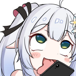 1girl absurdres ahoge alucia black_ribbon blunt_bangs blush_stickers cellphone center-flap_bangs chinese_commentary close-up commentary_request elf flower flower_in_eye green_eyes grey_hair hair_flower hair_ornament hair_ribbon highres indie_virtual_youtuber licking licking_object long_hair lovestruck official_art phone pointy_ears ribbon sidelocks simple_background sleeves_rolled_up smartphone solo symbol_in_eye tongue tongue_out twintails white_background white_flower