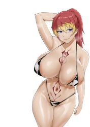 Rule 34 | 1girl, alternate breast size, animal print, ao no exorcist, areola slip, arm behind head, armpits, bikini, blonde hair, breasts, chest jewel, closed mouth, collarbone, cow print, cow print bikini, curvy, furaido potato, hair between eyes, halterneck, hetero, highleg, highleg bikini, highres, huge breasts, kirigakure shura, legs, long hair, multicolored hair, navel, ponytail, print bikini, purple eyes, red hair, seductive gaze, seductive smile, smile, solo, stomach tattoo, sweat, swimsuit, tattoo, thick thighs, thighs, toned, wide hips