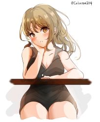 Rule 34 | 1girl, alternate costume, black dress, blush, breasts, brown eyes, calin, dress, head tilt, houston (kancolle), kantai collection, large breasts, light brown hair, long hair, one-hour drawing challenge, simple background, sitting, sleeveless, sleeveless dress, solo, white background