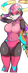 Rule 34 | 1girl, absurdres, alternate breast size, blonde hair, bodysuit, breasts, curvy, enpe, green eyes, highres, large breasts, looking at viewer, mega man (series), mega man battle network, roll.exe (mega man), shiny clothes, simple background, solo, white background, wide hips