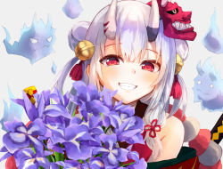 Rule 34 | 1girl, artist request, bell, blush, bouquet, commentary request, flower, grin, hair bell, hair between eyes, hair bun, hair ornament, holding, holding bouquet, hololive, horns, iris (flower), japanese clothes, long hair, looking at viewer, mask, mask on head, multicolored hair, nakiri ayame, nakiri ayame (1st costume), oni, oni mask, red eyes, sidelocks, silver hair, skin-covered horns, smile, solo, streaked hair, upper body, virtual youtuber