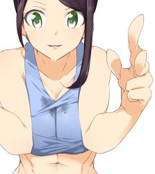 Rule 34 | 10s, 1girl, abs, arms at sides, asymmetrical hair, bebebe (pepegakii), breasts, cleavage, close-up, collarbone, crop top, green eyes, highres, idolmaster, idolmaster cinderella girls, large breasts, looking at viewer, parted lips, shirt, sidelocks, simple background, smile, solo, sweat, tank top, teeth, upper body, wet, wet clothes, wet shirt, white background, yamato aki