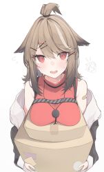 Rule 34 | 1girl, animal ear piercing, animal ears, arknights, bandaid, bandaid on arm, bare shoulders, black jacket, blush, box, breast rest, breasts, brown hair, cardboard box, carried breast rest, carrying, commentary request, cutter (arknights), fox ears, fox girl, hair ornament, highres, holding, holding box, jacket, large breasts, looking at viewer, matchadzuke, medium hair, off shoulder, open clothes, open jacket, open mouth, pentagram necklace, red eyes, red shirt, shirt, sidelocks, sleeveless, sleeveless shirt, solo, standing, sweat, topknot, upper body, white background, x hair ornament