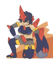 Rule 34 | 10s, 1girl, bad id, bad pixiv id, bare shoulders, black hair, boots, breasts, creatures (company), game freak, gen 5 pokemon, gigalith, hand on thigh, horns, kama (kurobina yuki), large breasts, looking at viewer, midriff, nintendo, on one knee, oversized forearms, oversized limbs, personification, phallic symbol, pokemon, pokemon bw, short hair, single horn, solo, thigh boots, thighhighs, underboob, yellow eyes