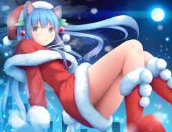 Rule 34 | 1girl, animal ear fluff, animal ears, bad id, bad pixiv id, blue eyes, blue hair, boots, capelet, cloud, dress, full moon, fur-trimmed boots, fur-trimmed capelet, fur-trimmed dress, fur-trimmed headwear, fur-trimmed sleeves, fur trim, gloves, hat, long hair, long sleeves, looking at viewer, moon, murano, night, night sky, original, outdoors, parted lips, red capelet, red dress, red footwear, red hat, santa costume, santa hat, sky, solo, star (sky), starry sky, very long hair, white gloves