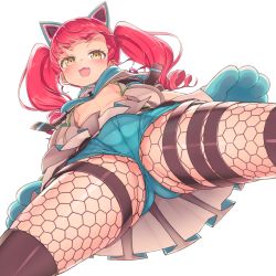 Rule 34 | 1girl, akagi anna, animal ears, areola slip, baakurou, blue panties, blunt bangs, blush, breasts, cameltoe, cat ears, cleft of venus, drill hair, fake animal ears, fishnet pantyhose, fishnets, from below, highres, kiratto pri chan, long hair, looking at viewer, looking down, no bra, open mouth, panties, pantyhose, pantyshot, pleated skirt, pretty series, red hair, shorts, simple background, skirt, small breasts, smile, solo, standing, thigh strap, twintails, underboob, underwear, upshirt, upskirt, white background, white skirt, yellow eyes