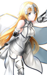 Rule 34 | 1girl, armor, armored boots, armored dress, banner, black gloves, blonde hair, blue eyes, boots, breasts, dress, fate/apocrypha, fate (series), floating hair, fur-trimmed legwear, fur trim, gloves, headpiece, holding, jeanne d&#039;arc (fate), jeanne d&#039;arc (ruler) (fate), jeanne d&#039;arc (third ascension) (fate), large breasts, long hair, rukinya (nyanko mogumogu), simple background, sleeveless, sleeveless dress, smile, solo, standing, thighhighs, very long hair, white background, white dress