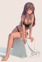 Rule 34 | 1girl, arm support, barefoot, black bustier, black panties, breasts, breasts squeezed together, brown hair, bustier, cleavage, commentary request, dot nose, full body, highres, large breasts, leaning to the side, legs, long hair, original, panties, pinakes, purple eyes, shadow, side-tie panties, sitting, sketch, smile, solo, toes, underwear, white background