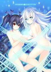 Rule 34 | 2girls, ass, black hair, black heart (neptunia), blue eyes, breasts, butt crack, dual persona, holding hands, highres, long hair, looking at viewer, medium breasts, multiple girls, navel, neptune (series), noire (neptunia), nude, official art, power symbol, red eyes, silver hair, smile, tsunako, twintails, very long hair