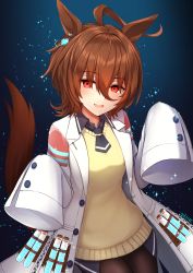 Rule 34 | 1girl, :d, absurdres, agnes tachyon (umamusume), ahoge, animal ears, black neckwear, black shirt, breasts, brown hair, brown pantyhose, collared shirt, commentary request, hair between eyes, hands up, highres, horse ears, horse girl, horse tail, lab coat, long sleeves, looking at viewer, medium breasts, omoomomo, open clothes, open mouth, pantyhose, red eyes, shirt, sleeves past fingers, sleeves past wrists, smile, solo, sparkle, sweater vest, tail, umamusume, vial