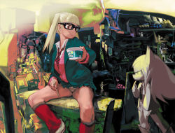 Rule 34 | 2girls, :t, arched back, black-framed eyewear, blonde hair, blouse, blunt bangs, brown eyes, chopsticks, cup ramen, eating, finger to mouth, full mouth, glasses, kawaguchi youhei, leg warmers, looking at another, miniskirt, multiple girls, necktie, original, panties, pantyshot, pleated skirt, rooftop, school uniform, shirt, shoes, sitting, skirt, sneakers, striped legwear, thick thighs, thighs, twintails, underwear, vest