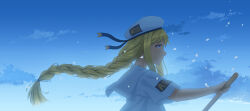 Rule 34 | 1girl, absurdres, alicia florence, aria (manga), aria company uniform, beret, blue background, blue eyes, blue ribbon, blue sky, braid, braided ponytail, bread fqy, closed mouth, cloud, cloudy sky, eyelashes, falling petals, from side, gradient sky, hat, hat ribbon, highres, holding, holding oar, long hair, looking to the side, oar, outdoors, parted bangs, petals, ribbon, sailor collar, short sleeves, sidelocks, sky, solo, upper body, white hat