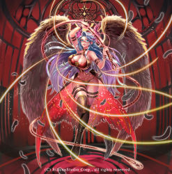 Rule 34 | 1girl, bare shoulders, blue eyes, blue hair, breasts, cleavage, company name, fantasy, feathered wings, feathers, glasses, gyakushuu no fantasica, horns, large breasts, lingerie, long hair, miyano akihiro, official art, open mouth, solo, sparkle, teeth, thighhighs, underwear, whip, wings