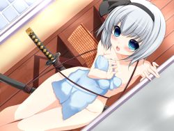 Rule 34 | 1girl, blue eyes, blush, breasts, colorized, covering privates, hairband, katana, konpaku youmu, looking at viewer, naked towel, noumin, nude, nude cover, open mouth, short hair, silver hair, solo, sword, toron (mino106), touhou, towel, weapon
