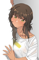 Rule 34 | 1girl, artist logo, artist name, black hair, blush, closed mouth, collarbone, commentary request, ergot, fingernails, fubuki (kancolle), green eyes, grey background, hair between eyes, highres, jewelry, kantai collection, long hair, ring, shirt, short sleeves, simple background, solo, upper body, wedding band, white shirt
