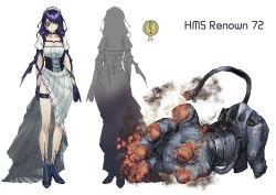 Rule 34 | asymmetrical clothes, breasts, character name, character sheet, choker, cleavage, dark persona, eyepatch, from behind, gloves, graphite (medium), highres, liyou-ryon, looking at viewer, maid, purple hair, renown (warship girls r), thigh strap, traditional media, warship girls r, yellow eyes