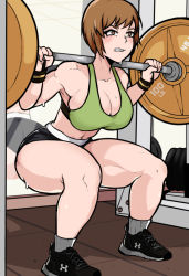 Rule 34 | 1girl, ass, barbell, breasts, brown eyes, brown hair, cleavage, exercising, large breasts, mirror, navel, persona, persona 4, reflection, satonaka chie, short hair, sieroo, skindentation, solo, sports bra, squatting, sweat, thick thighs, thighs, weightlifting