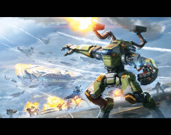 Rule 34 | 1boy, absurdres, aircraft, airplane, assault visor, battle, blue eyes, bt-7274, colinsearle, commentary, english commentary, explosion, fighter jet, firing, glowing, glowing eye, goblin (titanfall), gun, handgun, helmet, highres, holding, holding gun, holding weapon, ion (titanfall 2), jack cooper, jet, legion (titanfall 2), letterboxed, mecha, military vehicle, missile pod, northstar (titanfall), one-eyed, open hand, pants, re-45 auto, red pants, red shirt, robot, ronin (titanfall 2), scorch (titanfall 2), shirt, smoke, spacecraft, titan (titanfall), titanfall (series), titanfall 2, tone (titanfall 2), weapon