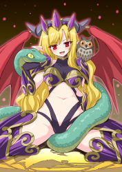 Rule 34 | 1girl, :d, animal, animal on shoulder, armor, bird, black gloves, blonde hair, blush, demon wings, fangs, gloves, highres, horns, lilith (p&amp;d), long hair, marugoshi (54burger), navel, open mouth, owl, pauldrons, pointy ears, puzzle &amp; dragons, red eyes, shoulder armor, smile, snake, solo, spread legs, wings