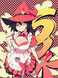 Rule 34 | 1girl, absurdres, aetherion, apron, breasts, brown eyes, cleavage, cleavage cutout, clothing cutout, cowboy shot, frilled apron, frills, hair between eyes, halftone, hand on own hip, hat, highres, huge filesize, large breasts, original, pizza hut, print apron, red hat, shadow, short sleeves, solo, striped clothes, striped thighhighs, thighhighs, white apron, witch hat