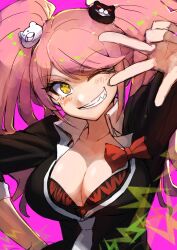 1girl bear_hair_ornament big_hair black_shirt breasts cleavage collar danganronpa:_trigger_happy_havoc danganronpa_(series) dot_nose enoshima_junko grin hair_ornament hand_on_own_hip light_blush lightning_bolt_symbol long_hair long_sleeves necktie one_eye_closed pink_background pink_hair red_ribbon ribbon sharp_teeth shirt smile star-shaped_pupils star_(symbol) symbol-shaped_pupils teeth three-finger_salute tsunemi_aosa twintails upper_body v-shaped_eyebrows white_collar white_necktie