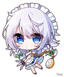 Rule 34 | 1girl, apron, bad id, bad twitter id, blue eyes, blue footwear, bow, braid, chibi, closed mouth, full body, green bow, grey hair, hair bow, highres, holding, holding knife, izayoi sakuya, knife, looking at viewer, maid, maid headdress, pocket watch, pudding (skymint 028), short hair, short sleeves, side braids, signature, simple background, solo, touhou, twin braids, waist apron, watch, white apron, white background