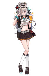 Rule 34 | 1girl, absurdres, alcohol, alternate costume, baba kirika, beer, belt, black hairband, brown footwear, brown skirt, caelus (honkai: star rail), collared shirt, cross-laced footwear, cup, firefly (honkai: star rail), full body, green scrunchie, grey hair, hair ornament, hairband, highres, holding, holding cup, honkai: star rail, honkai (series), kneehighs, long hair, looking at viewer, multicolored eyes, navel, one eye closed, parted lips, pom-pom (honkai: star rail), scrunchie, shirt, shoes, simple background, skirt, smile, socks, solo, standing, stelle (honkai: star rail), stomach, trailblazer (honkai: star rail), white background, white belt, white socks, wrist scrunchie