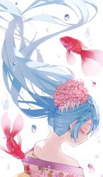 Rule 34 | 1girl, alternate costume, alternate hairstyle, animal, bare shoulders, blue hair, close-up, closed eyes, commentary, earrings, expressionless, fish, floating hair, flower, flower request, goldfish, hair flower, hair ornament, hatsune miku, head tilt, highres, japanese clothes, jewelry, koi, levi9452, long hair, nape, pink flower, profile, short bangs, simple background, solo, symbol-only commentary, upper body, very long hair, vocaloid, water drop, white background