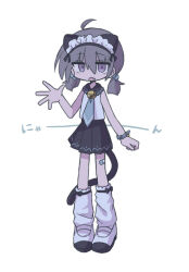 Rule 34 | 1girl, ahoge, animal ears, bandaid, bandaid on leg, bell, black skirt, blue necktie, cat ears, cat girl, cat tail, collared shirt, fang, full body, grey hair, hair between eyes, hair bobbles, hair ornament, hand up, jingle bell, kanikan, looking at viewer, loose socks, low twintails, maid headdress, medium hair, miniskirt, neck bell, necktie, nyan, open mouth, original, pleated skirt, purple eyes, shirt, shoes, simple background, skirt, sleeveless, sleeveless shirt, socks, solo, spread fingers, standing, tail, translated, twintails, uwabaki, watch, white background, white footwear, white shirt, white socks, wristwatch