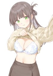 Rule 34 | 1girl, blunt bangs, blush, bra, breasts, brown hair, brown skirt, cleavage, closed mouth, clothes lift, embarrassed, floral print, green eyes, hand up, highres, lace, lace-trimmed bra, lace trim, large breasts, lifting own clothes, long sleeves, maigoyaki, midriff, navel, one side up, original, parted bangs, pov, puffy long sleeves, puffy sleeves, reaching, reaching towards viewer, simple background, single hair ring, skirt, sleeves past wrists, solo, sweater, sweater lift, turtleneck, turtleneck sweater, underwear, upper body, white background, white bra, yellow sweater