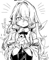 Rule 34 | 1girl, :o, arknights, bare shoulders, blush, bow, bowtie, cecelia (arknights), collared shirt, detached sleeves, detached wings, emphasis lines, energy wings, eyes visible through hair, greyscale, hair over one eye, halo, hands up, highres, holding, long sleeves, looking at viewer, monochrome, shirt, skirt, solo, twitter username, upper body, wings, yom (ymayma00ss)